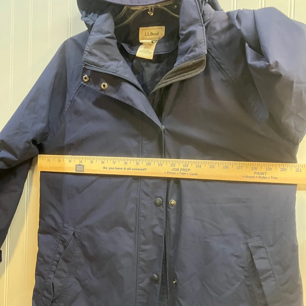 LL Bean Womens Small Regular Navy Blue Long Hooded Rain Coat Plaid Flannel Lined - Picture 14 of 14